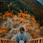 A person with a backpack stands at the top of a winding wooden staircase path descending through an autumn forest, evoking the experience of standing at the beginning of a therapeutic journey and taking the first step forward.