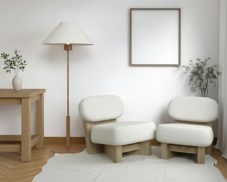 A calm and welcoming therapy waiting room with two white chairs, warm natural light, and soft natural tone