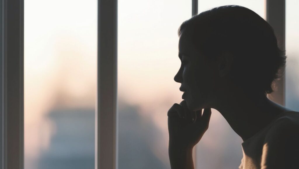 Image showing a woman contemplatively looking out the window.