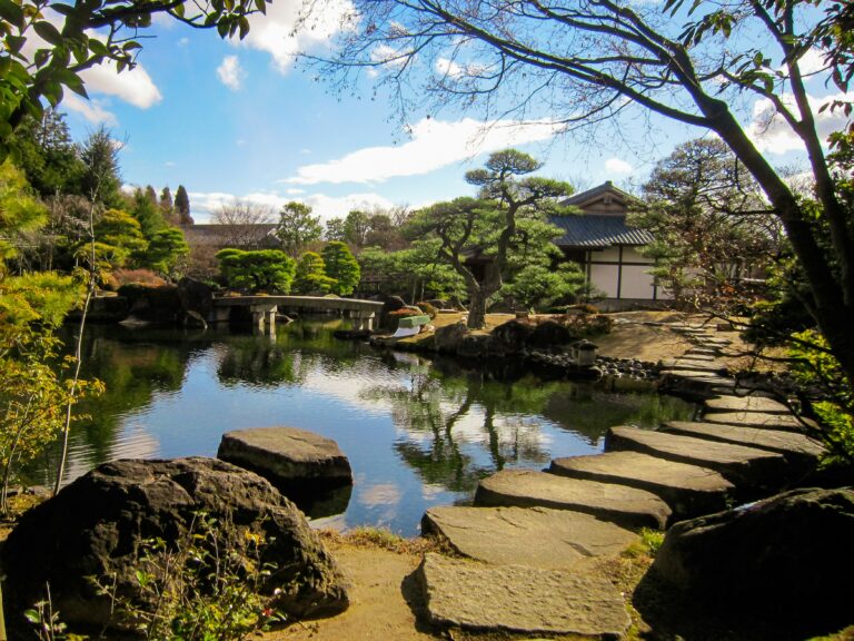 Stepping stones cross a still pond in a Japanese garden, evoking the quiet, deliberate process of grounding and finding your way back to calm.