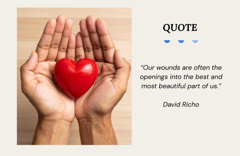 Quote Graphic reading by David Richo saying “Our wounds are often the openings into the best and most beautiful part of us.”